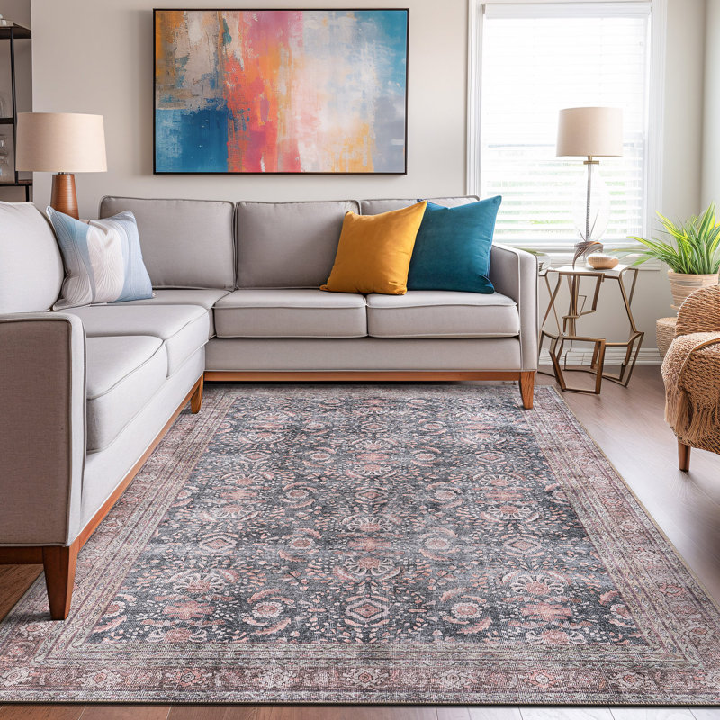Labarbera Machine Washable Charcoal/Red Non-Slip Backing Area Rug, Rectangle 6' x 9'