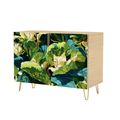 Sideboard Buffet Cabinet with Storage Elegant Sage to Pine Floral Design Layered Art Depth with 2 Doors for Living Room and Kitchen