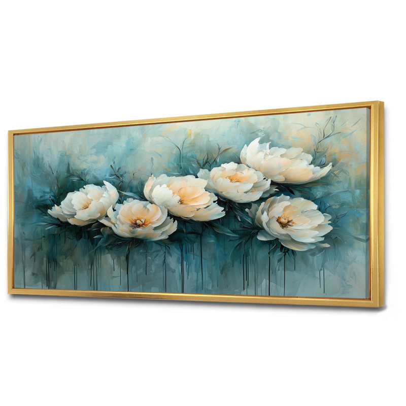 «Winter Blue Watercolor Peony Elegance III», reproduction d'art sur toile encadrée, H 28 po x l 60 po, Cadre flottant doré