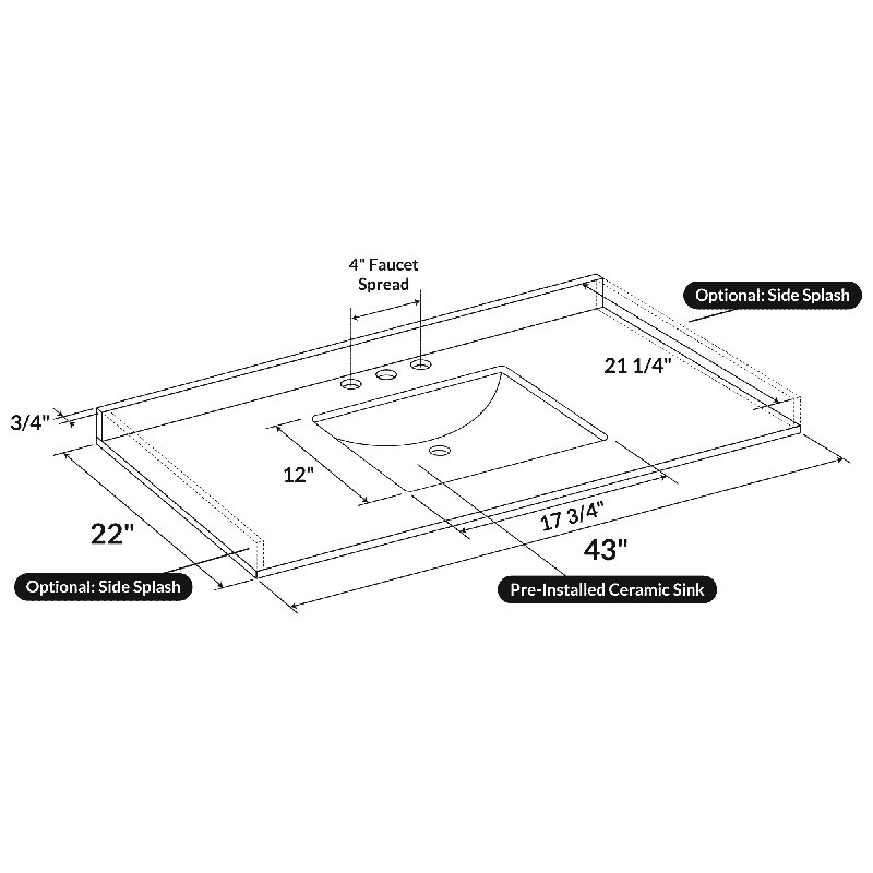 Plateau de meuble-lavabo simple 43 po avec lavabo, Centres de 4 po