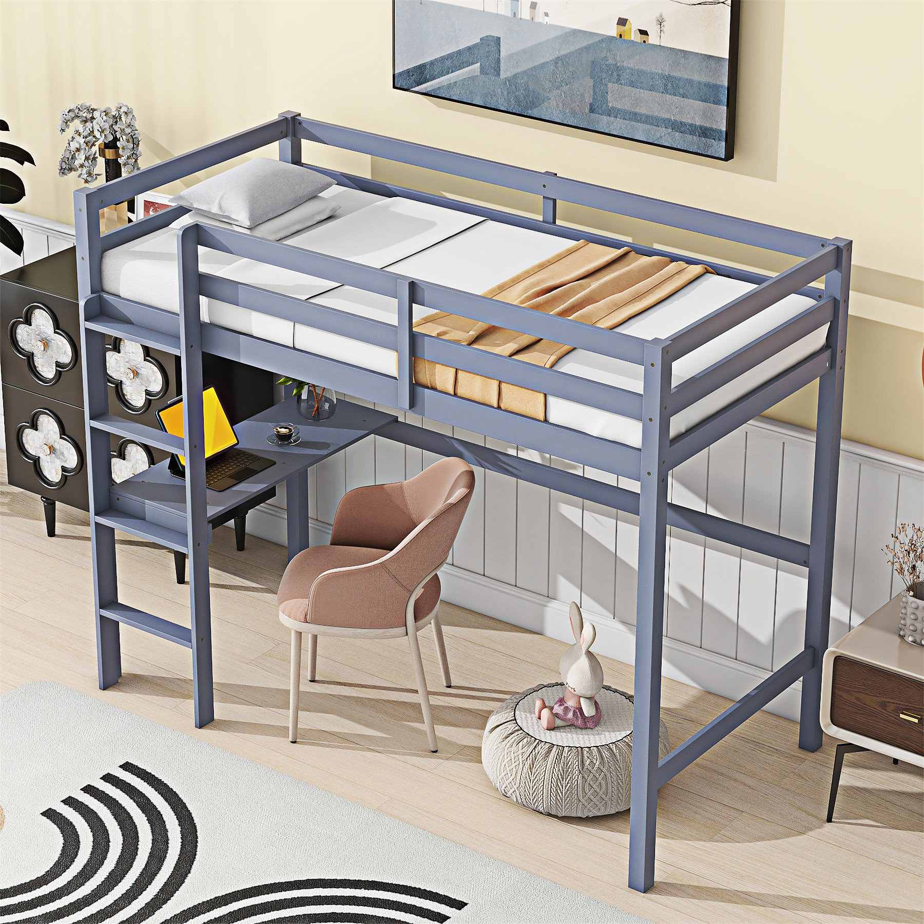 Ebern Designs High Loft Bed With Safety Guardrail,Built-In Desk,Ladder ...