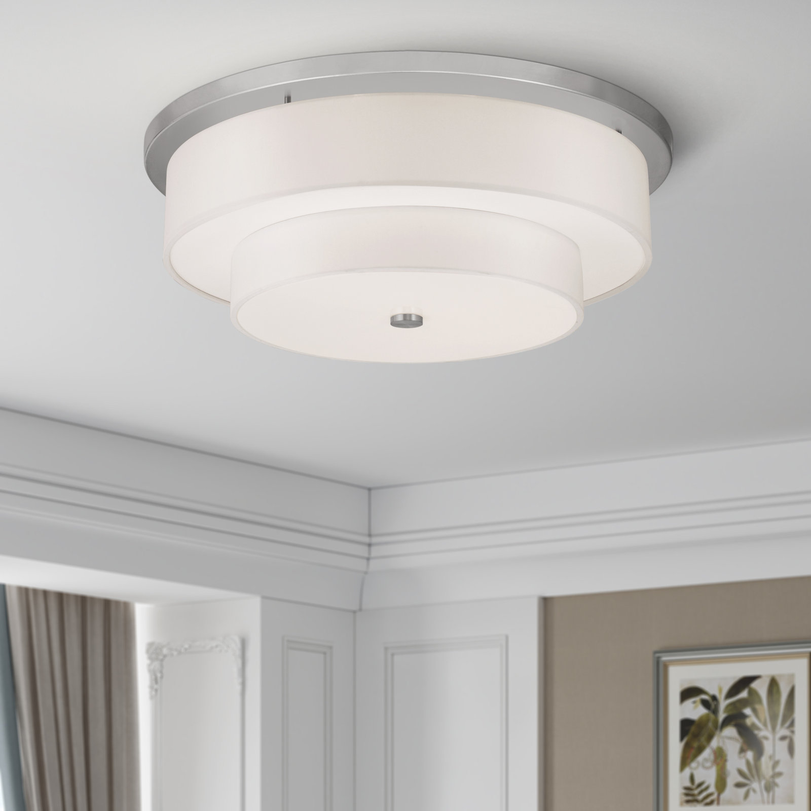 Flaire 4 Light Fabric Flush Mount, Brushed Nickel, 5 Lights, 9" H x 25.5" W x 25.5" D