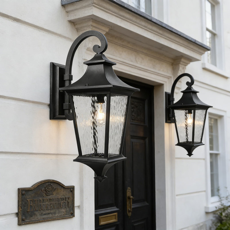 Modern Outdoor Wall Sconce Light Fixtures 2-Pack With Water Ripple Glass, Matte Black Finish, E26 Socket For Downward Installation - ETL Listed