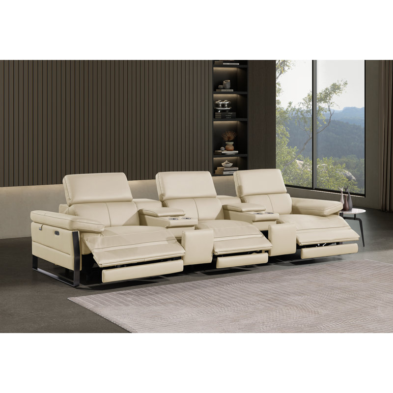 Canapé inclinable électrique triple en cuir italien à grain supérieur avec consoles doubles et appuis-tête réglables, Beige