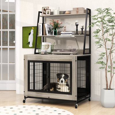 Mobilier pour cage de chien avec tablettes de rangement pour chenil industriel avec plateau rabattable gris