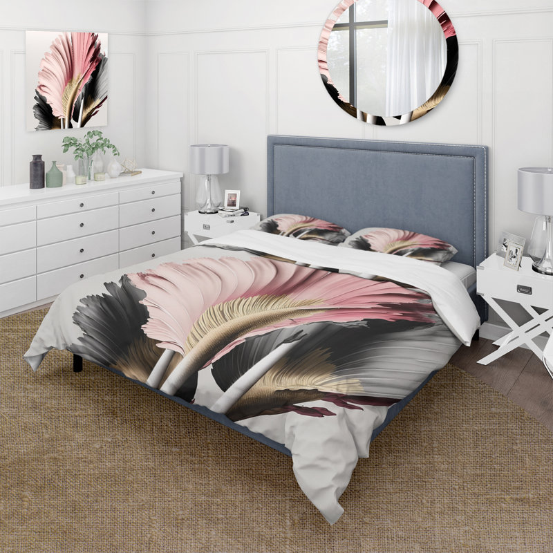 Ensemble de housse de couette en microfibre / polyester rose et gris Gerbera, Housse de couette pour très grand lit et 2 très