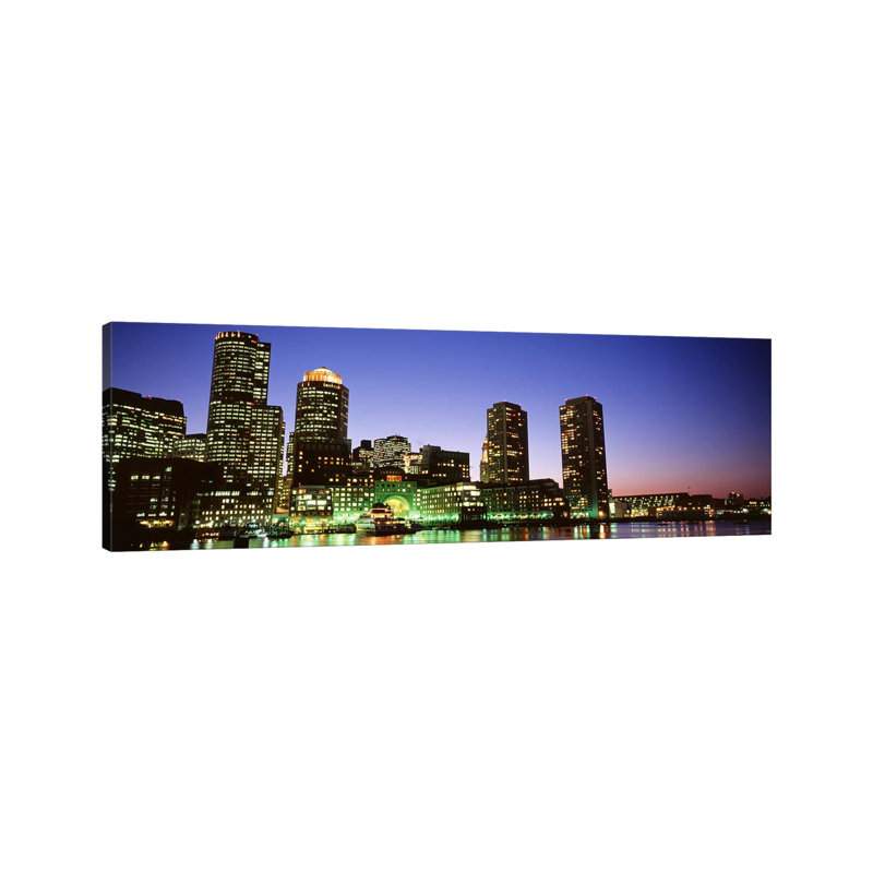 Skyscrapers At The Waterfront Lit Up At Night, Boston, Massachusetts, USA - Wrapped Canvas Panoramic Print