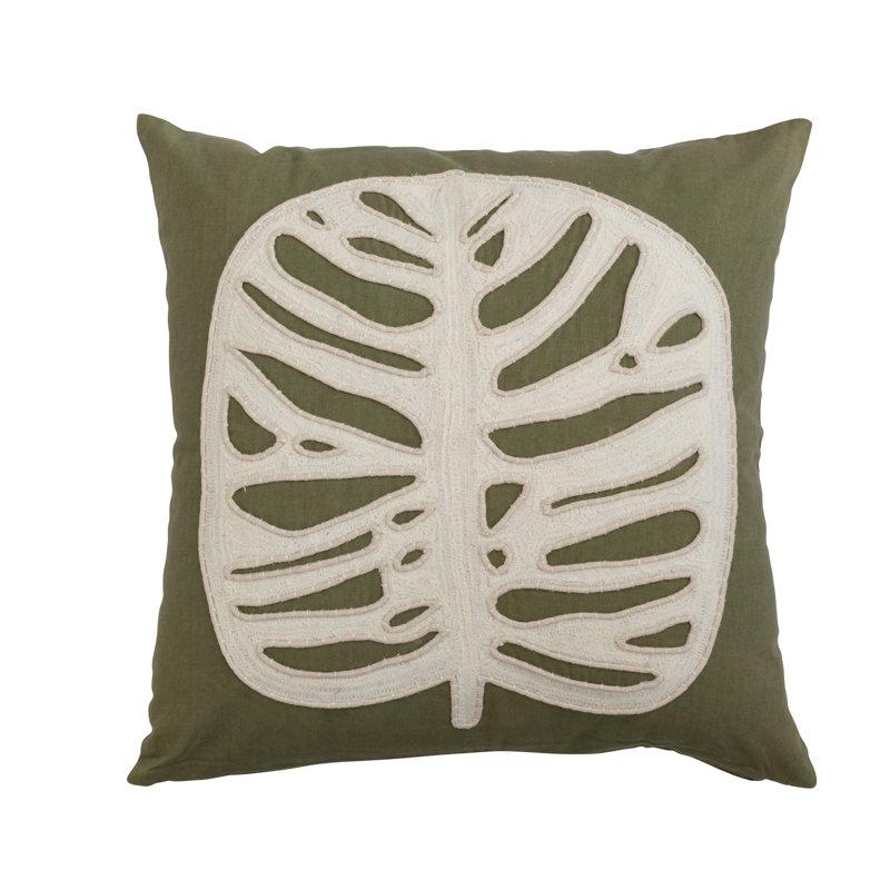 Green and Cream Cotton Embroidered Leaf Pillow Cover, 20" x 20"
