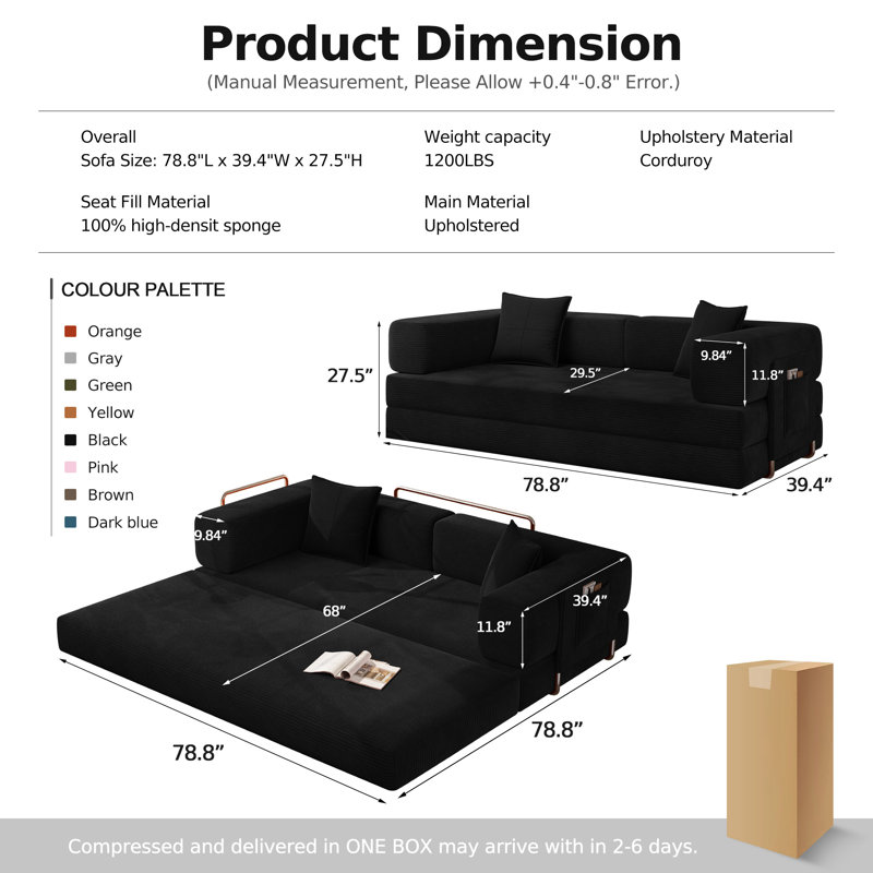 78.8''Sleeper Couch Bed for Livingroom,Convertible Modular Sofa with Armrest Pillow,Modular Foldable Corduroy Couches in a Box,No Assembly