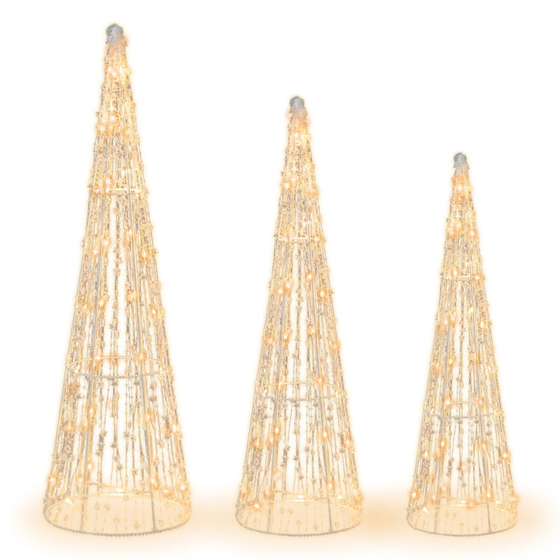 3 Piece Set Christmas Cone Trees Glittered Lighted Display