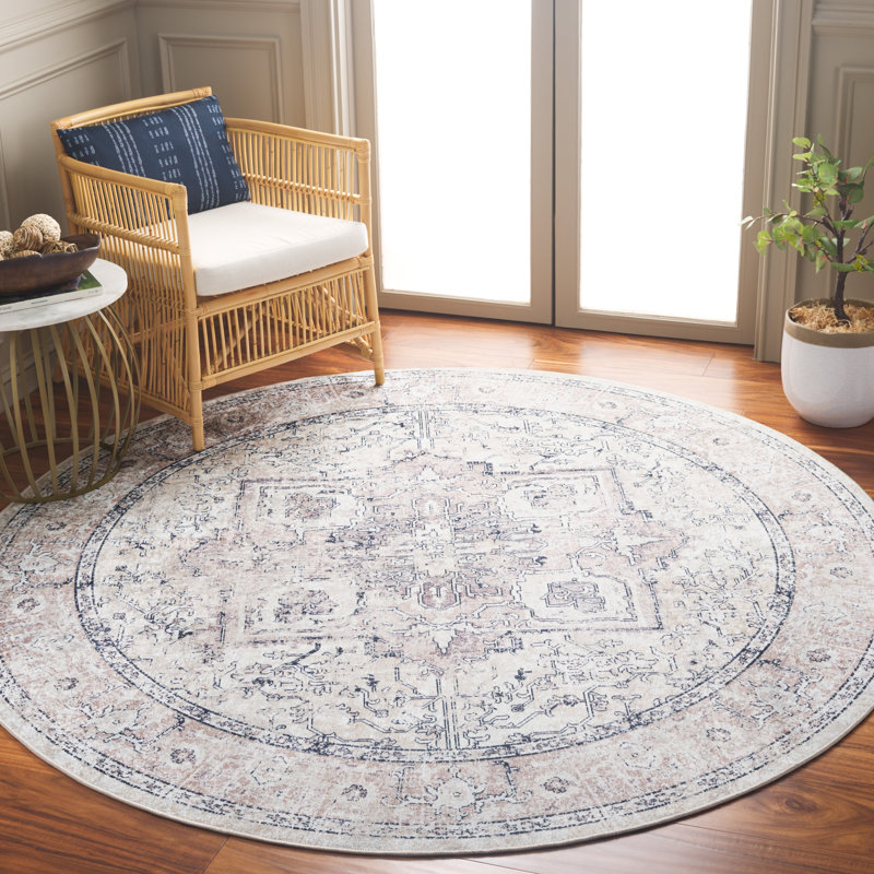 Warees Orlando Felt/Velvet/Laminated Film Machine Washable Southwestern Rug in Beige/Grey, Round 6'7"