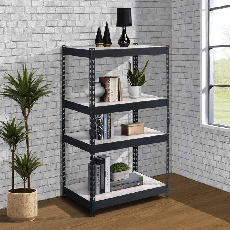 Bibliothèque rectangulaire à 4 tablettes en noir et naturel pour présenter 4 objets de décoration de bureau avec tablettes réglables