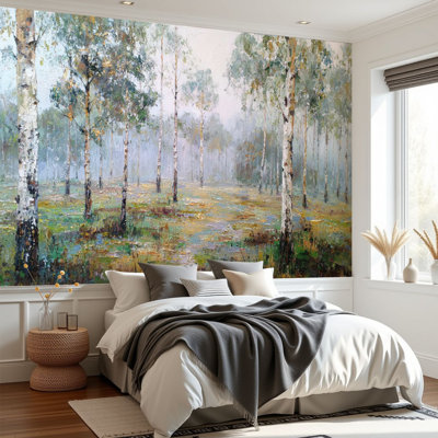 Papier peint adhésif à motif de bois de bouleau brumeux et pastel Forest H 69 po x l 96 po, papier peint adhésif amovible pour chambre à coucher, bureau à domicile, bureau