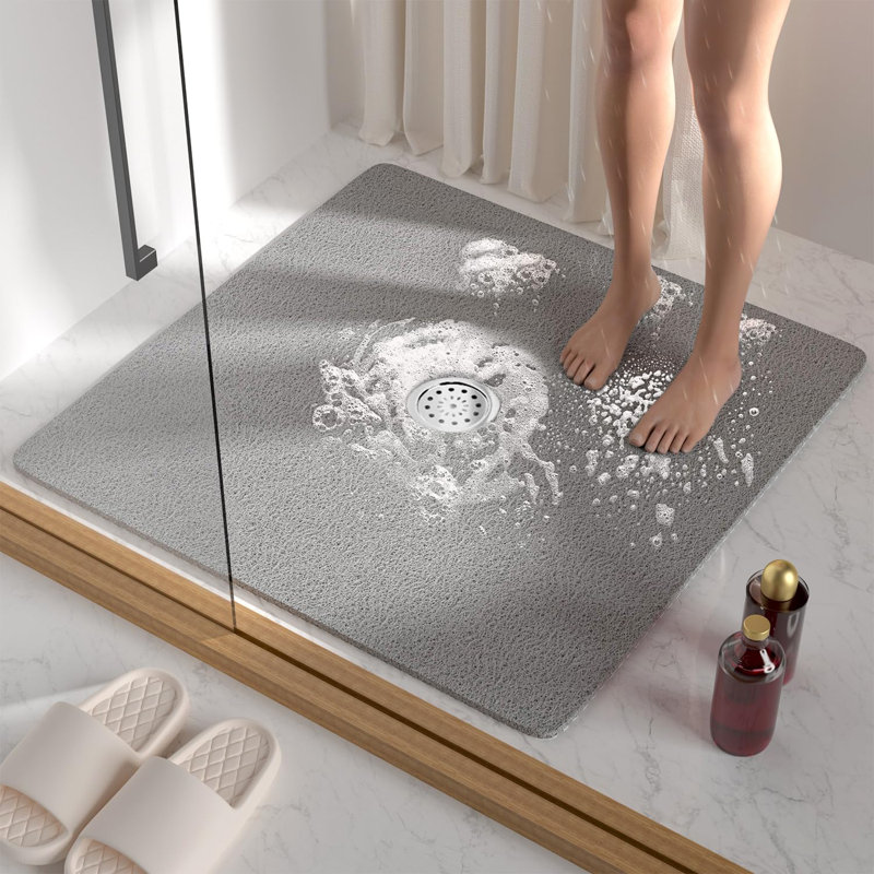 Tapis de douche carré, tapis de baignoire Luffah en PVC souple avec trous de drainage, tapis de salle de bain à séchage rapide, accessoires de salle de bain sans ventouse, gris
