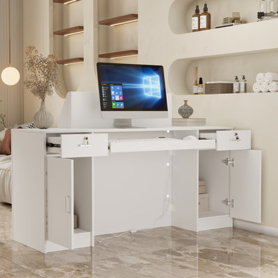 White Reception Desk With LED Lighting, 3 Lockable Drawers & 2 Cabinet Doors