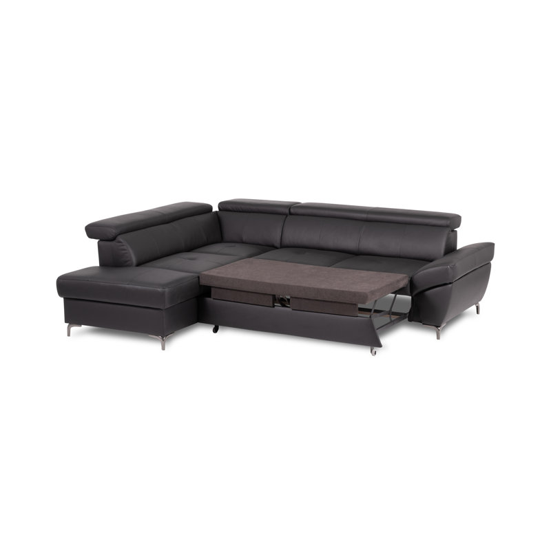 CAPRI Genuine Leather Corner Sofa with Pull-Out Bed and Storage and Adjustable Headrests, Left Hand Facing, Black