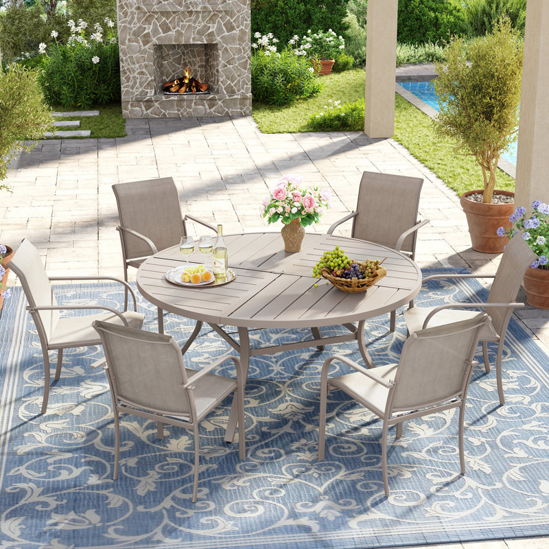 7-Pieces Round Patio Dining Set With Stackable PVC-coated polyester Chairs, Sandshell/Sandshell