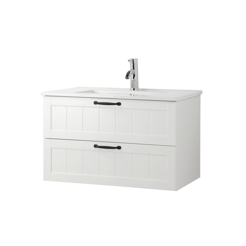 Meuble-lavabo à double tiroir à fermeture amortie en panneaux de particules avec lavabo pour salles de bains modernes