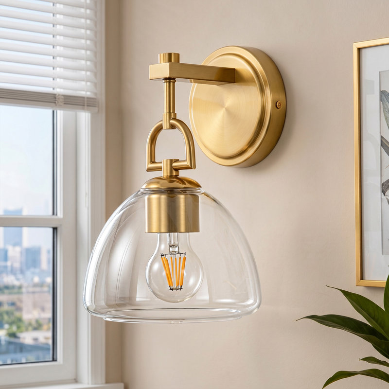 Applique murale moderne 1 lumière avec abat-jour en verre transparent, Gold
