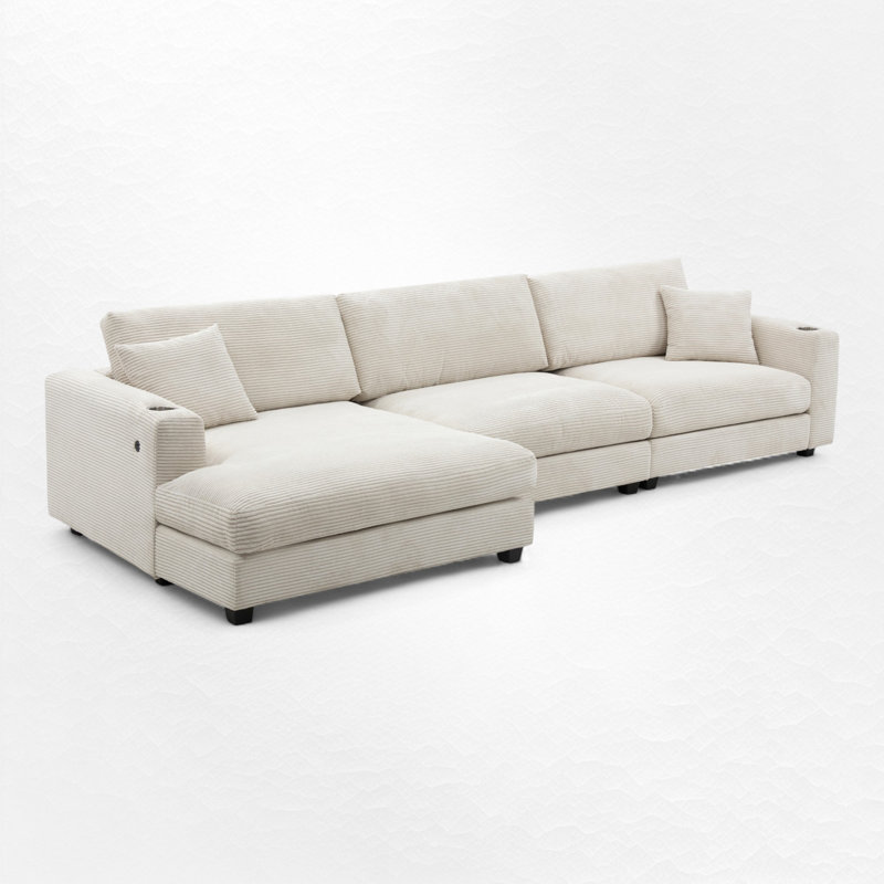 Oversized Sectional Sofa With Chaise, Beige Corduroy