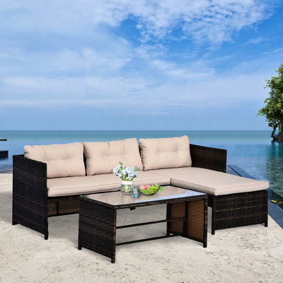 Extérieur 3 pièces - Mobilier de patio avec méridienne et coussins de siège et de dossier doux, table en verre, pièce beige confortable