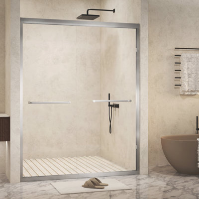 54 " x 72" Tempered Glass with Explosion Proof Film, Aluminum Frame Double Sliding Shower Door, "1/4 (6 mm), Stainless Steel handle