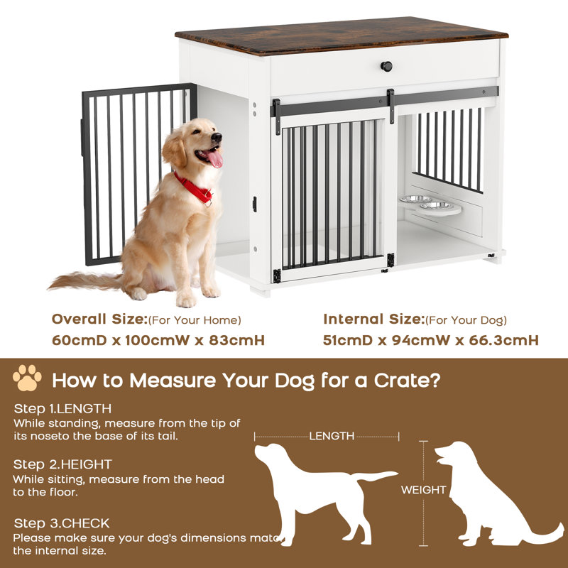 Large Dog Crate Furniture with Drawer Storage, Sliding Doors, Rotating Bowls, White