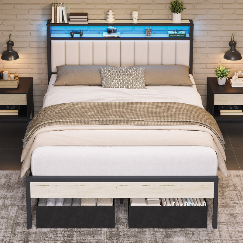 Tryston LED Bed Frame with Drawers and Charging Station, Rustic Gray, Full