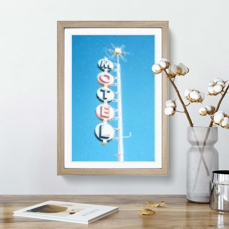 Retro Motel Sign - Picture Frame Graphic Art Print, 65cm H x 48cm W x 2cm D, Oak Framed