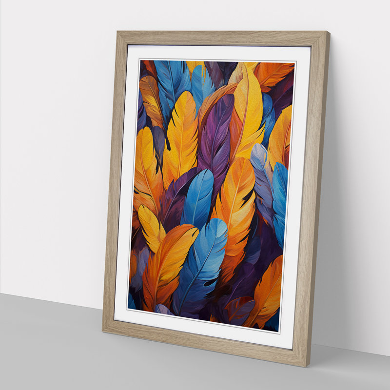 Feather Action No.3 - Single Picture Frame Print on Wood, Oak, 64cm H x 46cm W x 2cm D