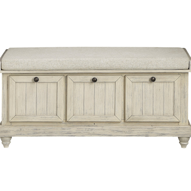Solid Wood Bench With White Distressed Finish And Beige Upholstered Cushion Foam Seat Textured Upholstery In, White