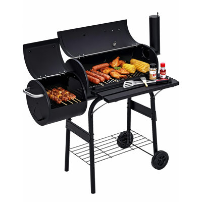 Charcoal Grill with Offset Smoker, Outdoor BBQ Barrel Grill with Wheels and Handle, Portable Smoker Combo for Backyard Patio Camping and Parties