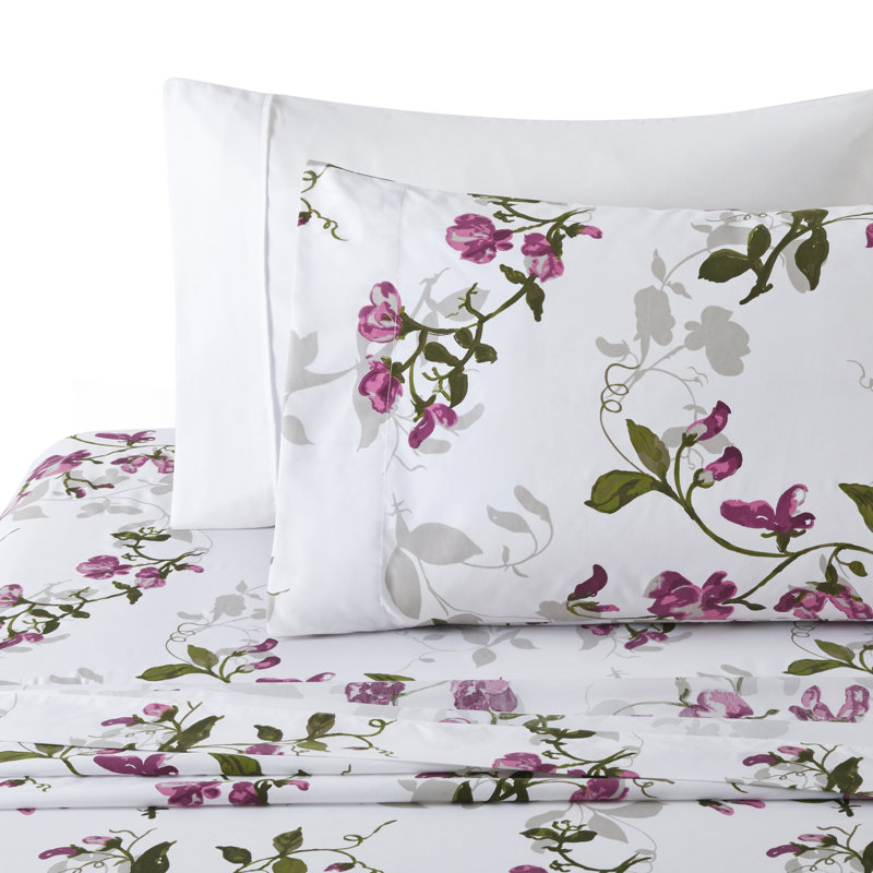 Queen Pink Floral Print Bamboo Polyester Deep Pocket Bedding Set