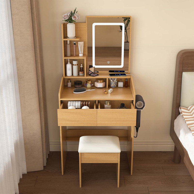 Table de coiffeuse compacte avec miroir lumineux à DEL, prise de courant, support pour sèche-cheveux et tabouret pour les petites chambres