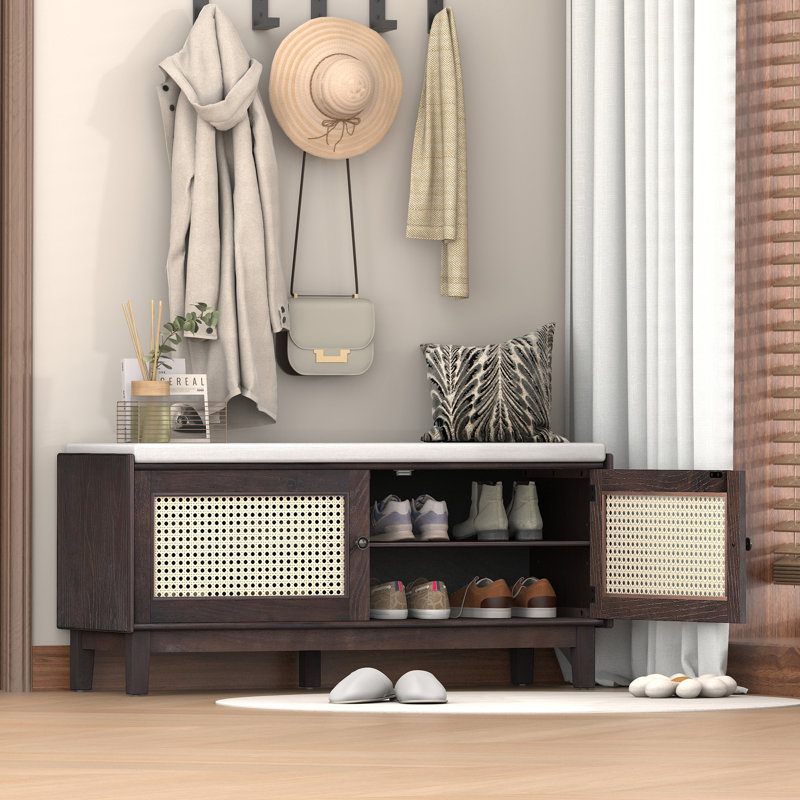Banc d'entrée en rotin avec rangement Boho, Espresso / beige