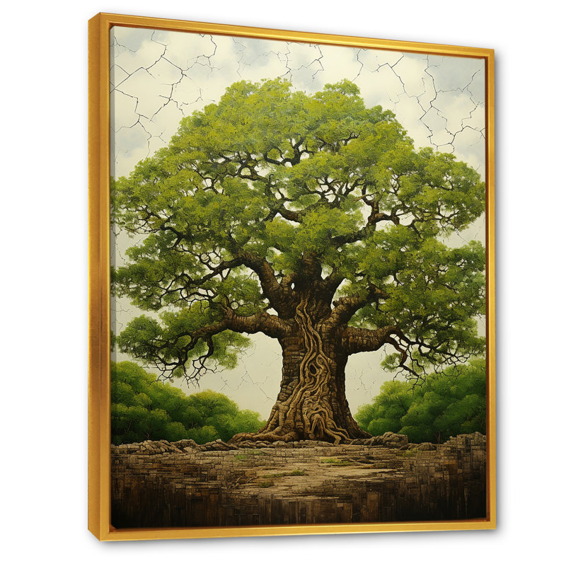Arbre vert africain majestueux - art mural africain, Cadre flottant doré, H 44 po x l 34 po x P 1,5 po