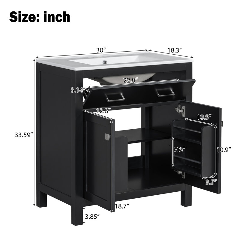 Meuble-lavabo 30 po avec lavabo en céramique, Noir, noir, noir, noir, Argent argent