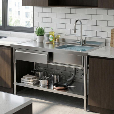 39.4 in. Freestanding Stainless Steel Utility Sink, Single Bowl Heavy-Duty Sink Station with Drawer and Hot /Cold Water Pipe for Kitchen, Laundry Room, Garage, Restaurant