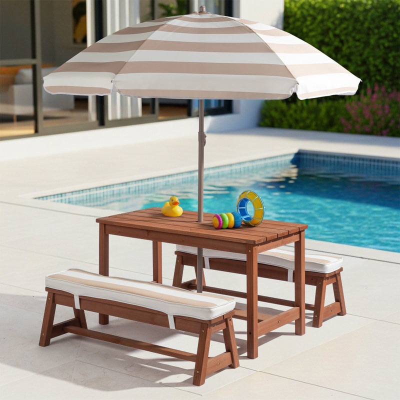 Kids Wood Rectangle Outdoor Picnic Table And Bench With Umbrella And Cushion, Brown