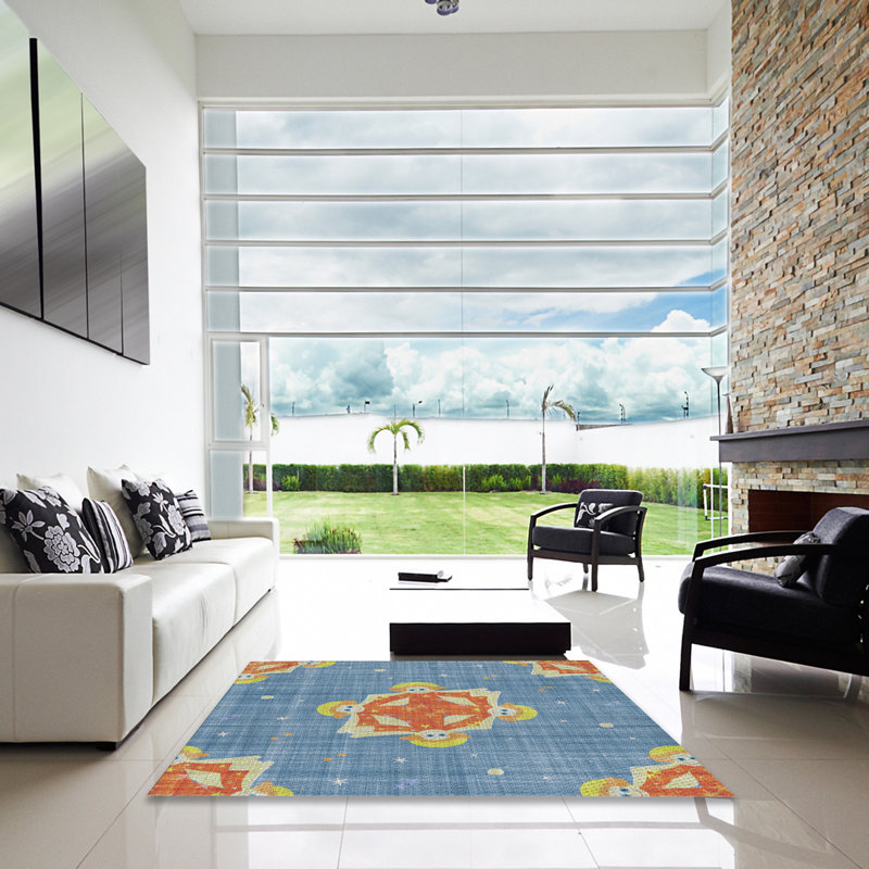 Tapis orange/bleu à motifs, Carré 4 pi