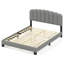 Grand lit plateforme tapissier en lin avec support en lattes de bois