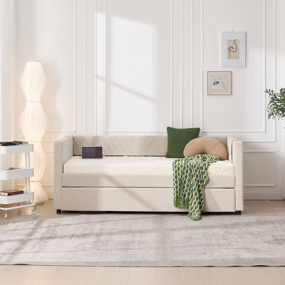 Twin Size Upholstered Daybed with Trundle,USB Port ,Side Pockets, Modern V-grained backrest Design,No Box Spring Needed, for Bedroom, Guest Room ( Tw