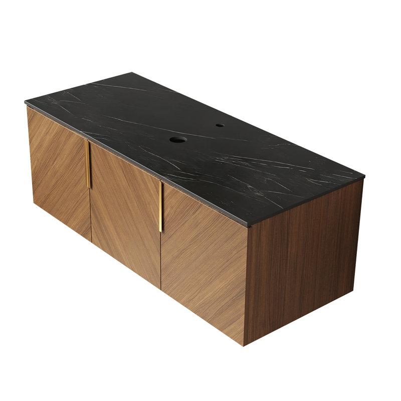 Pierre frittée noire 60 po avec comptoir à motif de pierres et armoire en chêne brun 60 po Arai