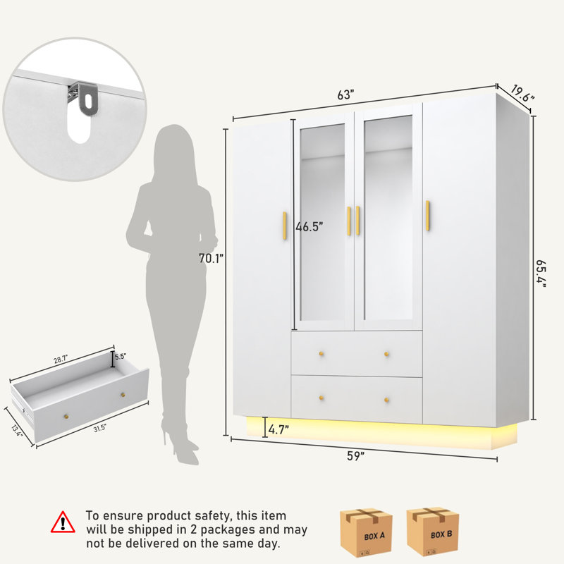 White 4-Door Wooden Wardrobe Closet with Mirrors and LED Lights