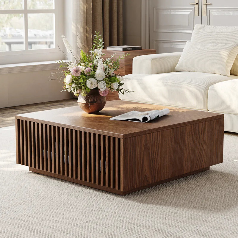 Table basse carrée en bois avec rangement 31 po Aeolus, entièrement assemblée, Noyer