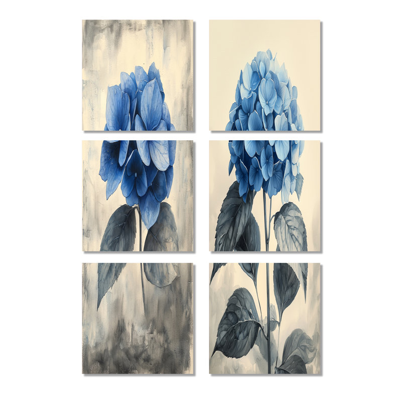 Hortensia rétro dans un champ monochrome - ensemble de 6 impressions sur toile florales, Toile tendue, Ne s’applique pas
