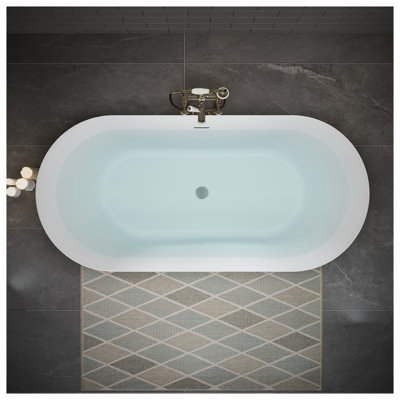 60" Acrylic Freestanding Bathtub, Oval Deep Soaking Tub with Pop-up Drain and Integrated Overflow, Glossy White