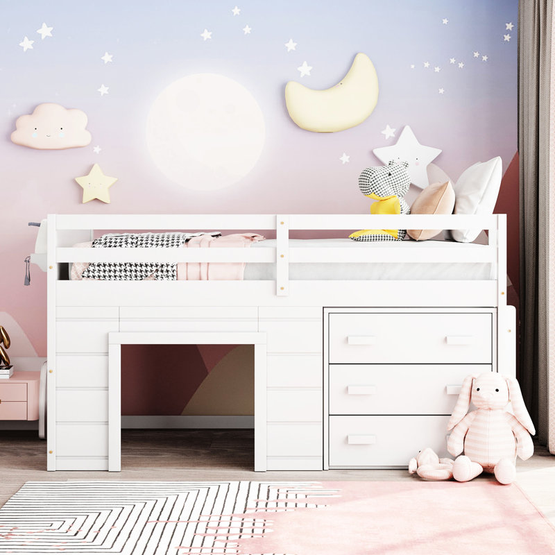 Lit mezzanine simple blanc avec structure en bois massif, armoire et tablette incluses Armoire / tablette blanche durable