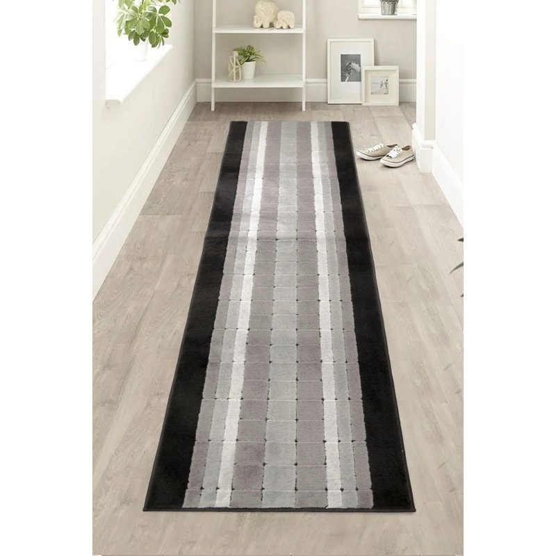 Geometric Square Black Gray Slip Resistant Medium Pile Rug, Runner 2'2" x 35'