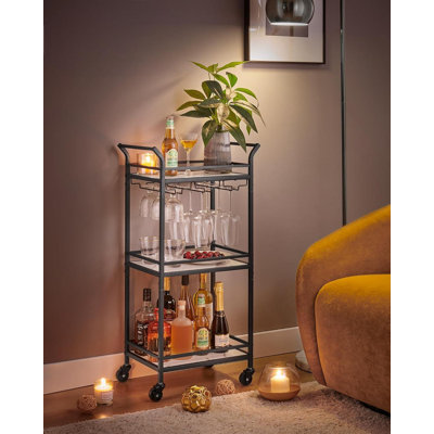 Bar Cart, Home Bar Serving Cart, Small Bar Cart With 3-Tier Shelf, Wine Holders, Glass Holders,Black by Rebrilliant